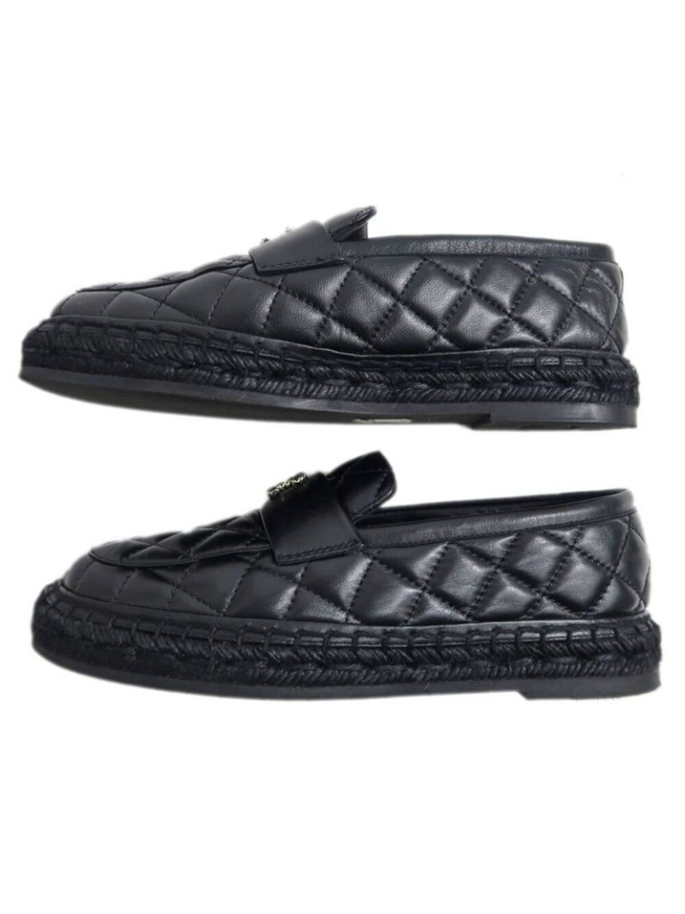 Chanel Loafers Size 37 C Lambskin Espadrilles Coco Mark Black - Picture 4 of 10